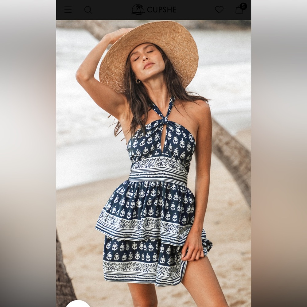 Abstract Leaf Print Cut Out Halter Dress